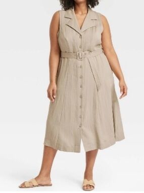 a new day button down belted sleeveless midi dress
